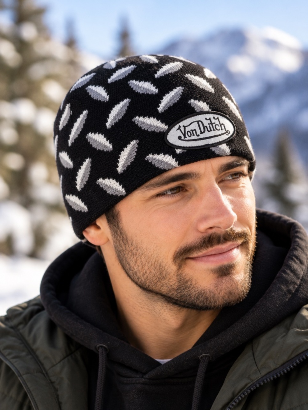 NWT Von Dutch Black Gray Geometric Knit Beanie Hat Unisex Streetwear Winter